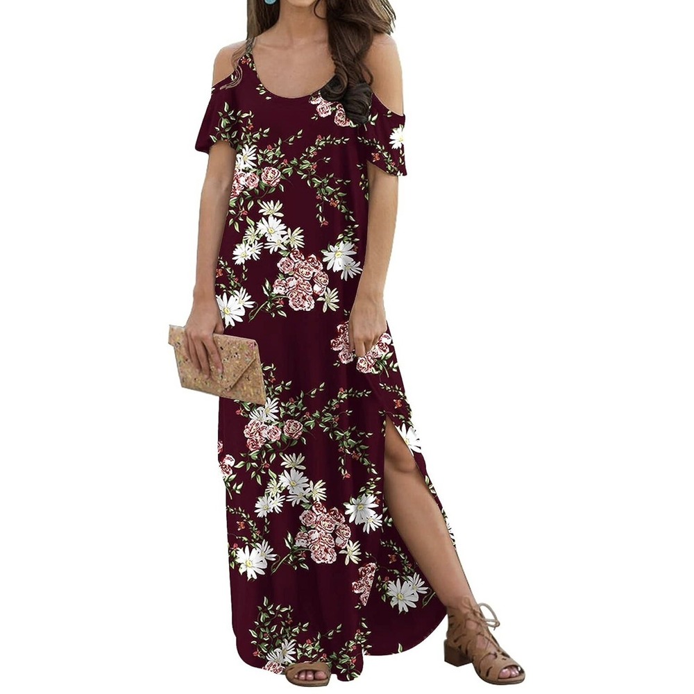 GRECERELLE Women's Summer Casual Loose Long Dress Strapless Strap Shoulder  Sz L